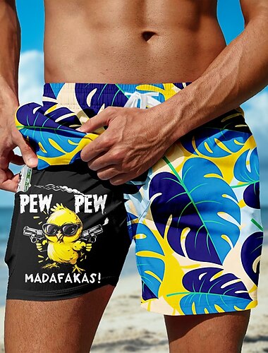  Herren Lustig Ente Palmblatt Gefütterte Shorts 2 in 1 Badeshorts Badeshorts Mittlere Taille Hawaiianisch Urlaub Ferien Strandbekleidung Seitentaschen Mit Kompressionsfutter Elastischer Kordelzug in