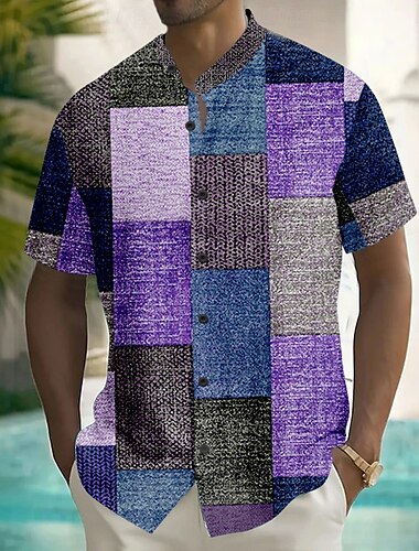  Per uomo Geometrico Blocco di colori Patchwork Camicia Camicia con Bottoni Camicia con colletto alla coreana Manica Corta Casual Vacanza Abbigliamento Quotidiano Abbigliamento mare Estate Primavera