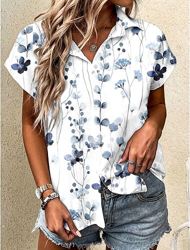  Damen Hemd Blumen Grafik Vintage Tropisch Täglich Kurzarm Kappe Hemdkragen Lange Oberteile Täglich Leicht Blau Sommer Frühling