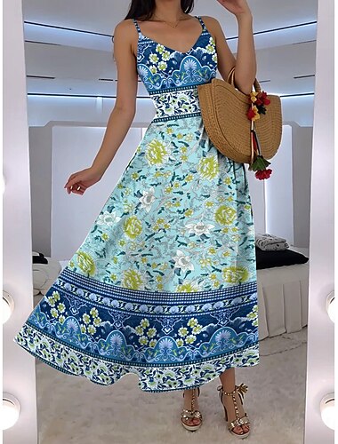  Damen Maxikleid A Linie Kleid Unterkleid Urlaub Lässig Boho Ausgehen Strand Standard Passform Blumen Grafik Ärmellos V Ausschnitt Rote Blau Grün Sommer Frühling