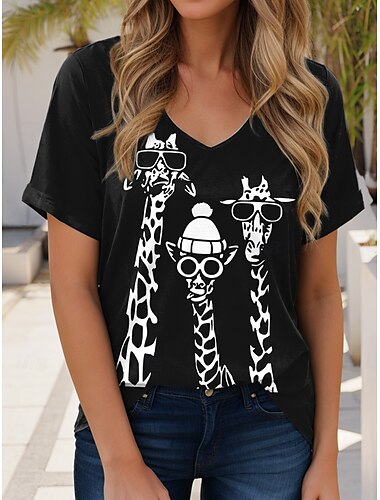  Mujer Camiseta Graphic Animal Jirafa Elegante Vintage Casual Manga Corta Escote en Pico Tops regulares Diario Fin de semana Ropa de vacaciones Estampado Negro Blanco Azul Piscina Morado Verano