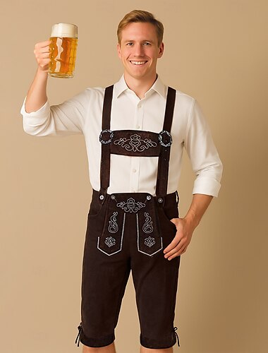  Carnaval Oktoberfest Costume Lederhosen Bavarois Allemand Munich Prairies Homme Tissu de style traditionnel Shorts