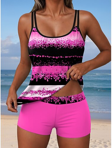  Frauen Badeanzüge Tankini 2tlg Shorts Badeanzug Rückenfrei Urlaub Strandkleidung Grafik Geometrisch U-Ausschnitt Ärmellose Badeanzüge
