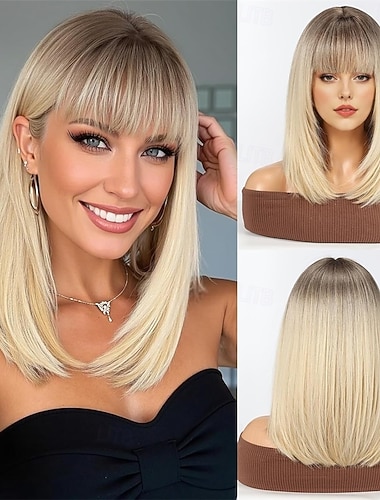  peruca reta com franja sintética de comprimento médio em camadas para mulheres loiras