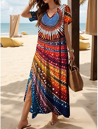  Women's Midi Dress Sundress A Line Dress Summer Dress Vacation Casual Loose Fit Floral Graphic Polka Dot Short Sleeve V Neck Rainbow Summer Spring Fall