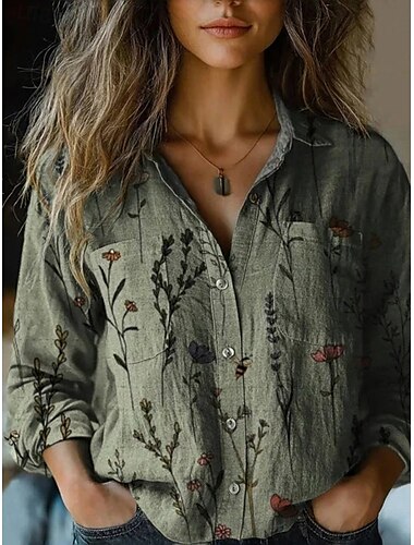  Damen Hemd Blumen Stilvoll Modern Langarm Hemdkragen Normale Oberteile Täglich Ferien Knöpfe Tasche Druck Schwarz Blau Grün Sommer