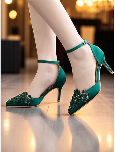  Zapatos de cóctel de punta puntiaguda con tiras en el tobillo de satén verde esmeralda para mujer, con adornos de cristal, para fiestas y bodas.