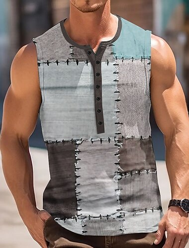  Herren Patchwork Vintage Tank Top Henley Hemd Ärmellos Vintage Mode Designer Outdoor Lässig Täglich Sommer Frühling & Herbst Grau Blau Grün Khaki Henley Henley T-Shirt