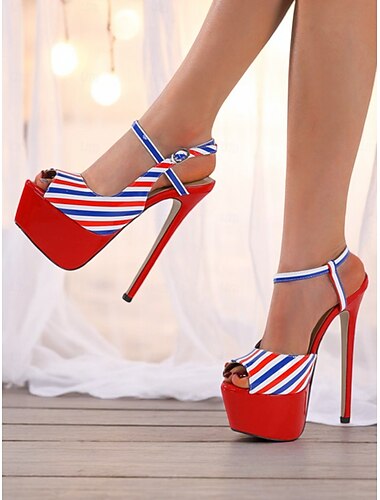  Rot-weiß-blau gestreifte Stiletto-Plateau-Absätze für Damen – auffällige patriotische Sandalen für das Nachtleben bei Partys und zum Clubbing