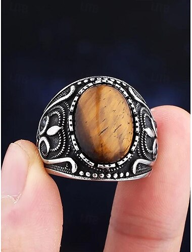  miesten vintage tiger eye kivinen ruostumattomasta teräksestä valmistettu sormus, antiikkihopea heimokuvio, rohkea ilmaisusormus, sopii arki- ja juhlatilaisuuksiin