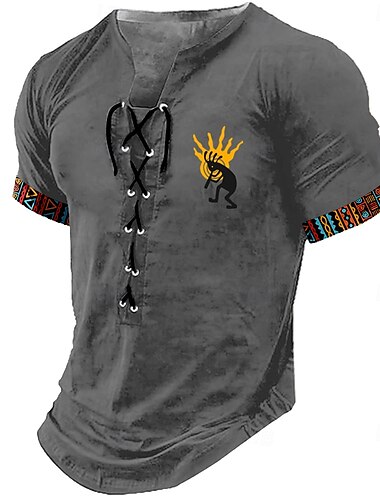  Herren Kokopelli Hemd Kurzarm T-Shirt 3D-Druck Schnürhals Hemd Retro Vintage Vintage-Retro Straße Lässig Täglich Schwarz Khaki Grau Sommer Frühling Ganzjahres Bekleidung S M L XL XXL XXXL