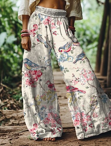  Dam Brett skaft Byxor Stylish Boho Fullängd Naturlig Blomma Elastisk midja Tryck Bekväm Gata Dagliga kläder Vit Sommar Normal