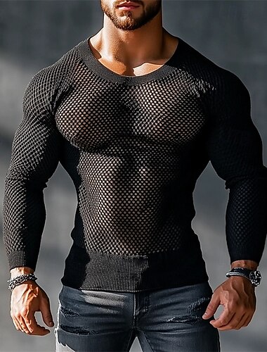  Voor heren T-shirt T-shirts Shirt met lange mouwen Lange mouw Strakke ronde hals Zomer Effen Modieus Ontwerper Basic Netstof Vakantie Straat Uitgaan Zwart Top T-shirt voor mannen