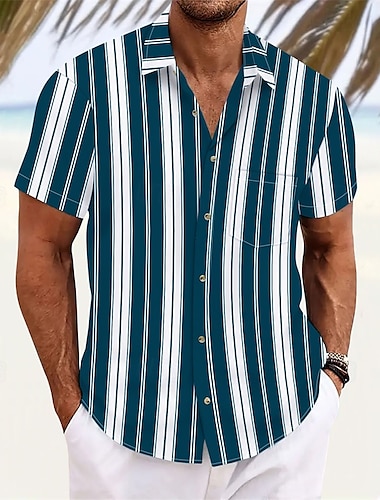  Per uomo Camicia Camicia Estiva Camicia casual Camicia da Spiaggia Camicia con Bottoni Blu / bianco Manica Corta A righe Bavero Vacanza Camicia hawaiana Abbigliamento Poliestere Moda Casual
