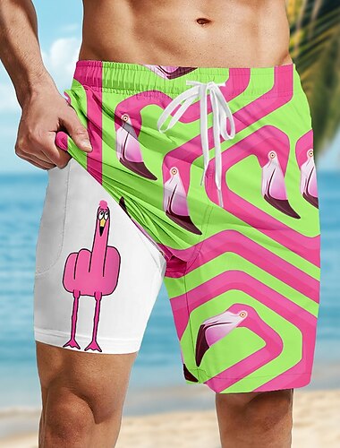  Herren Flamingo Vogel Lustig Gefütterte Shorts 2 in 1 Badeshorts Badeshorts Mittlere Taille Hawaiianisch Urlaub Ferien Strandbekleidung Seitentaschen Mit Kompressionsfutter Elastischer Kordelzug in