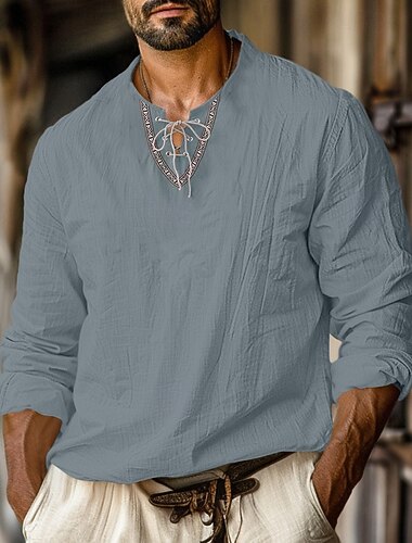  Per uomo Camicia Camicia di lino Stile vichingo Camicia Estiva Abbigliamento da spiaggia Camicia pirata Tinta unica Vacanza Casuale Nero Blu marino Azzurro cielo Verde Manica Lunga Senza colletto