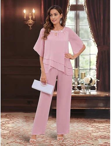  Hosenanzug Brautmutterkleid Hochzeitsgast Elegant Einfach Rundausschnitt Bodenlang Polyester Dreiviertelarm mit Einfarbig 2025