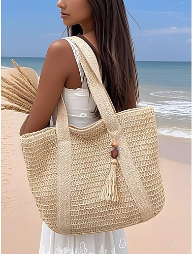  Damen-Tragetasche aus gewebtem Stroh mit Quaste – große Sommer-Strandhandtasche für Urlaub, Reisen und Freizeitausflüge, Farbe Weiß, Grün, Khaki