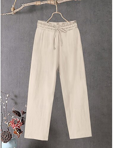  Pantaloni larghi da donna in cotone e lino in tinta unita chinos pantaloni larghi base casual a lunghezza intera vita alta lisci con elastico comfort all'aperto micro-elastico vacanza strada