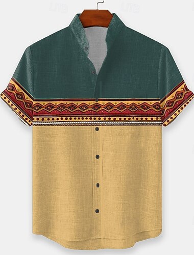  Pánské Geometrický Indián Geleneksel Košile Košile na knoflíky Košile s límečkem Krátký rukáv Vintage Retro Dovolená Na den Oblečení na pláž Léto Jaro Stojáčkový límec 3D tisk Len jako košile Žlut