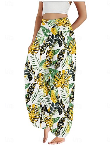  Damen Leinen-inspirierte Hosen Weites Bein Hosen Hose Ethno-Stil Lässig Boho Volle Länge Hohe Taille Blumen Blatt Tropisch Tasche Elastischer Bund Drucken Atmungsaktivität Weich Mikroelastisch