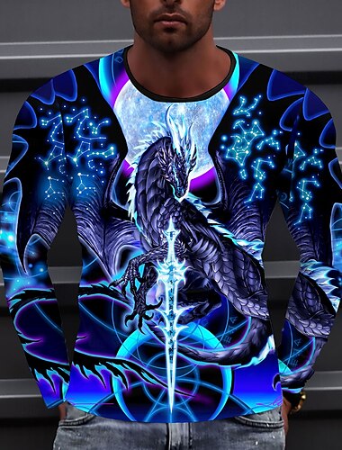  T-shirt Dragonblade Nightblade Hi-Res par Ruth Thompson pour homme, imprimé dragon 3D, manches longues, col ras du cou, style streetwear décontracté, bleu, toutes saisons, tailles S, M, L, XL, XXL,