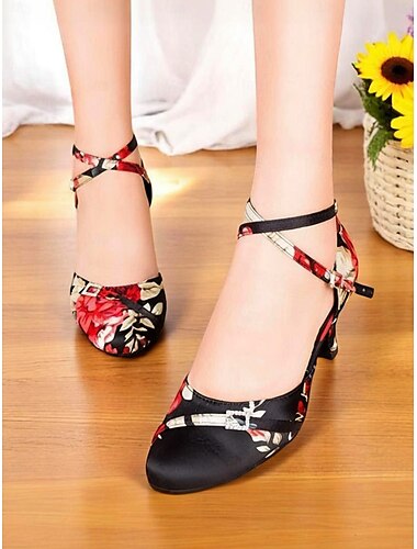  Damen-Latin-Tanzschuhe mit Blumenmuster aus Satin – elegante Riemchen-Ballsaalschuhe für Auftritte und Salsa-Übungen
