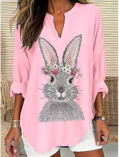  Pasqua Per donna Blusa Grafico Animale Vintage Tropicale Hawaiano Manica Lunga Scollo a V Top Regolari Quotidiano Ferie Abbigliamento mare Stampato Nero Rosa Blu Grigio Estate Primavera