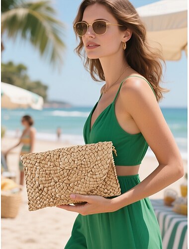  Bolso bandolera de paja tejida para mujer: clutch bohemio de verano con correa de hombro ajustable para ropa de playa, de resort y casual.