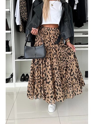  Women's Skirt Bohemia Casual Boho Maxi Mid Rise Skirts Leopard Print Micro-elastic Vacation Street Brown Summer Polyester