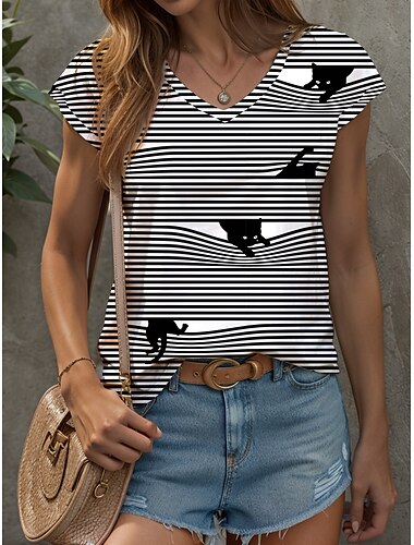  Damen Tiere Katze Trägertop Stilvoll Modern Ärmellos Kurzarm V-Ausschnitt Reguläre Oberteile täglich Druck Schwarz Weiß Sommer Frühling