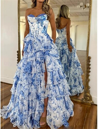  A-Linien-Quinceanera Kleider Korsett Schichtkleid Hochzeit Hochzeitsgast Bodenlänglich Ärmellos Trägerlos Chiffon Rückfrei mit Floralprint Hochzeitsgastkleid 2025