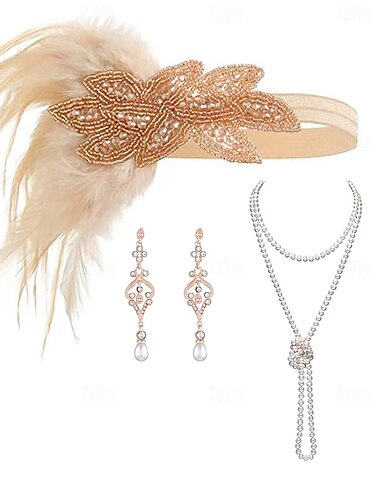  1920er Der große Gatsby Flapper-Stirnband Perlenarmband Ohrringe Der große Gatsby Feder Retro Funkelnder Glitzer Kristall / Strass Damen Karneval Valentinstag Maskerade Party-Abendmode Maskerade
