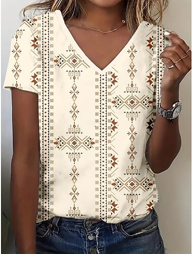  Women's T Shirt Summer Tops Graphic Geometric Classic Casual Short Sleeve V Neck Crop Tops Daily Weekend Print Rainbow Summer Spring Fall