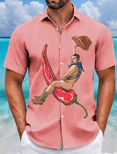  男性用 おかしい カウボーイ 胡椒 シャツ アロハシャツ ボタンアップシャツ 半袖 ハワイアン リゾート バケーション 祝日 ビーチウェア 夏 春 折襟 3Dプリント 襟付きシャツ ピンク ブルー カーキ色