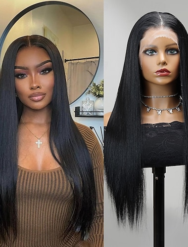  Synthetische Spitzenperücke Glatt Stil 26 Zoll Schwarz Mittelscheitel 13x4 Spitzenfront Perücke Damen Perücke Schwarz