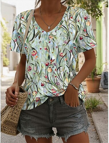  Women's T Shirt Graphic Geometric Abstract Stylish Casual Sleeveless Short Sleeve V Neck Regular Tops Daily Print Blue Purple Green Summer Spring