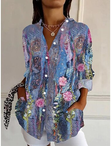  Femmes Chemise A Ombre Fleuri Graphique Romantique Occasionnel Chaussures de plage manche longue Col de chemise Hauts Réguliers Travail Quotidien Boutons Imprimé Bleu Violet Vert Printemps Automne
