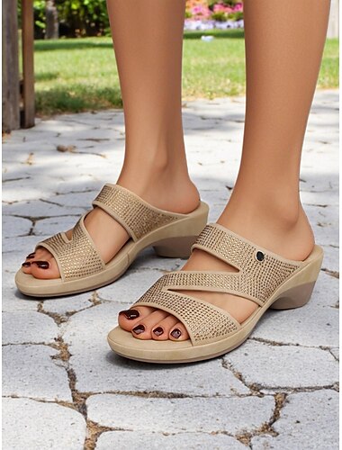  Dames sandalen met strass steentjes – comfortabele zomer sandalen met open teen en dikke hak voor tuinfeesten, resortkleding en vrijetijdswandelingen