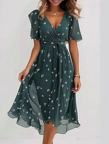  Femmes Mini Robe Robe de Cocktail Robe Fleurie Mode Moderne Extérieur Vacances Fête Coupe régulière Fleur Manche Courte Col en V Vert Claire Rouge bleu marine Bleu Roi Été
