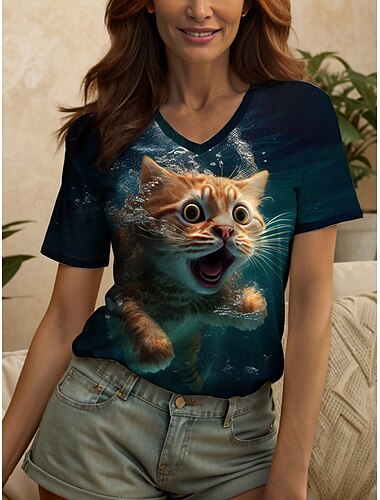  Damen T Shirt Grafik Tiermotiv Katze Vintage Stilvoll Klassisch Kurzarm V Ausschnitt Normale Oberteile Täglich Druck Grün Sommer Frühling