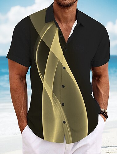  Herren Geometrisch Linie Abstrakte Kunst Hemd Sommerhemd Knopfhemd Kurzarm Modisch lässig Outdoor Urlaub Alltagskleidung Sommer Umlegekragen 3D-Druck Leinenähnliches Hemd Gelb Rote Blau Grün Grau