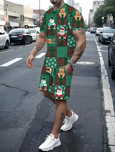  Christmas Miesten Kuvitettu 2kpl T-paidat setit Kesän yläosat Lyhythihainen Lyhyet housut Tiukka pyöreä kaula-aukko Urheilu Vapaa-aika Urheilu Kausaliteetti Festivaalin asu 3D-tulostus Kesä Vihreä