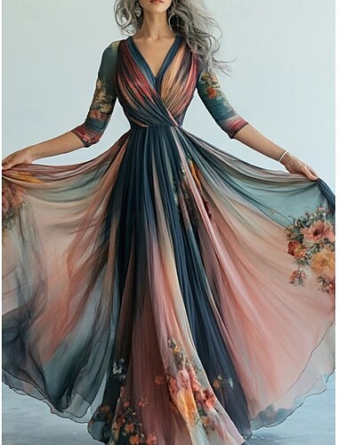  dames lange jurk maxi-jurk casual jurk swingjurk bloemenjurk zomerjurk boho-jurk vintage vakantie dagelijks vakantie normale pasvorm bloemen lange mouwen v-hals blauw zomer