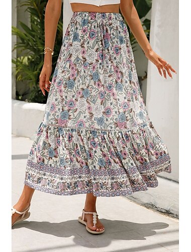  Dam Kjol Böhmen Ledigt Boho Maxi Mellanhög midja Kjolar Blommig Mönster Microelastisk Semester Gata Mandel Rubinrött Blå Orange Sommar Konstsilke