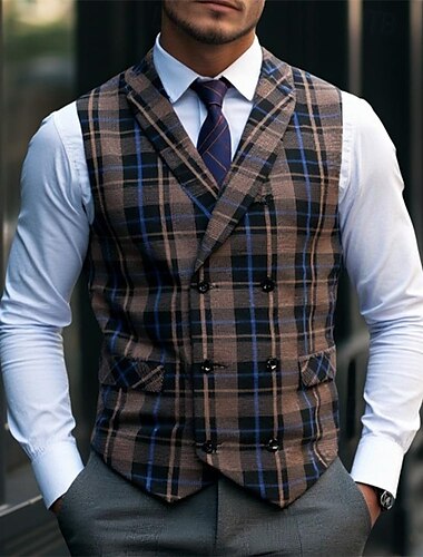  Per uomo Gilet Vacanza Feste Affari Moda Casual Primavera & Autunno Bottoni Tasca Poliestere Confortevole Plaid Doppiopetto Bavero Vestibilità regolare CaffÃ¨ Marrone Nero Grigio scuro Caffè Gilet