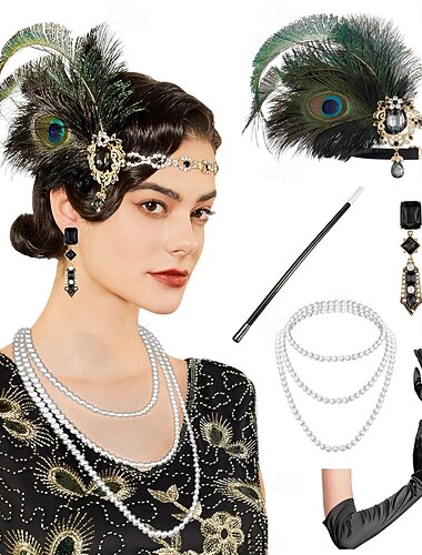  Années 1920 Gatsby le Magnifique Serre Tête Flapper Gatsby le Magnifique Plume Rétro Paillettes scintillantes cristal pailleté Déguisement Femmes Carnaval Saint-Valentin Mascarade Tenue de soirée