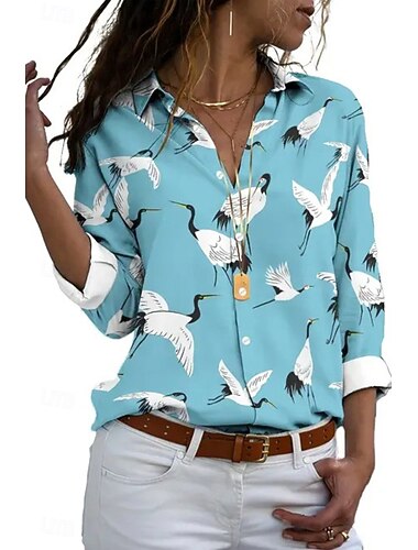  Dame Skjorte Skjorter i bomuld Knap op Bluse Trykt mønster Blomst Afslappet Langærmet Krave Almindelige toppe Daglig Ferie I-byen-tøj Blå Sort Hvid Kakifarvet Grå Sommer