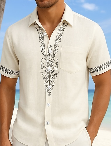  Herren Hemd Leinenhemd Wikinger-Stil Sommerhemd Strandbekleidung Knopfhemd Einfarbig Urlaub Kreuzfahrt Beige Kurzarm Kragen Sommer Frühling & Sommer Bekleidung Farbblock