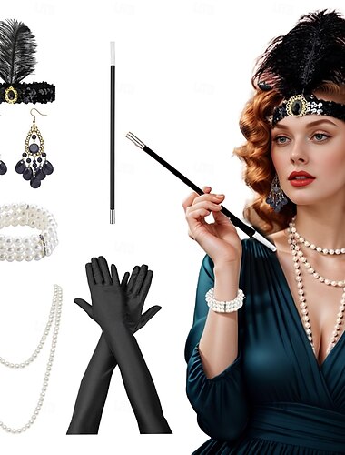  Der große Gatsby Flapper-Stirnband Perlenarmband Ohrringe Der große Gatsby Feder Retro Funkelnder Glitzer Damen Karneval Valentinstag Maskerade Party-Abendmode Maskerade Festival Erwachsene 1 Armband